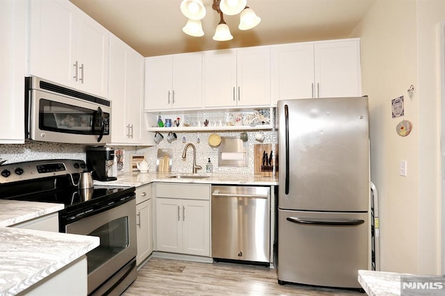 kitchen with appliances with stainless steel finishes, sink, white cabinets, decorative backsplash, and light stone countertops