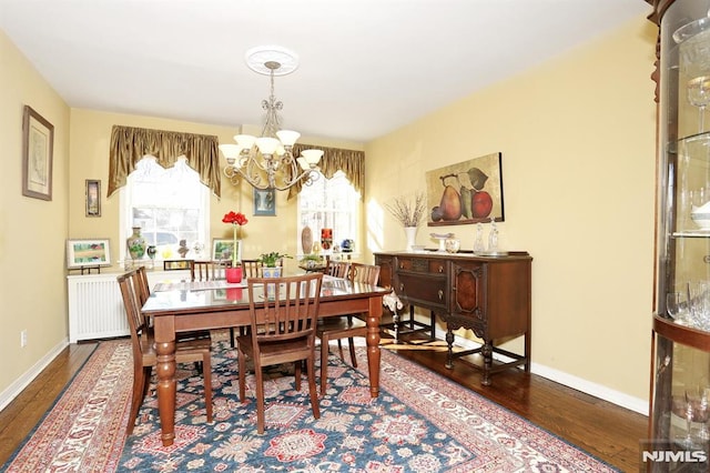 dining room featuring wood-type flooring, radiator, and an inviting chandelier