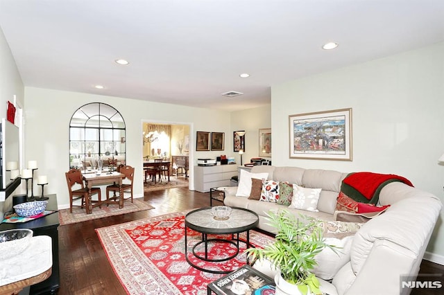 living room with dark wood-type flooring