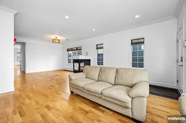 living room featuring crown molding, a baseboard radiator, light hardwood / wood-style floors, and a multi sided fireplace