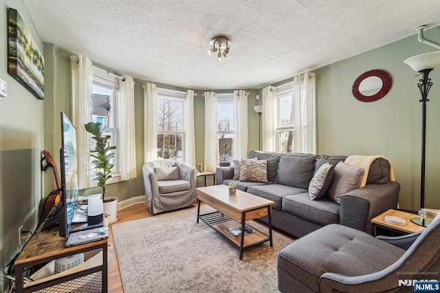 living room with a textured ceiling and light wood-type flooring