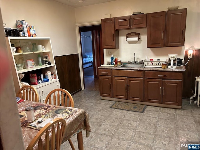 kitchen with sink and wooden walls