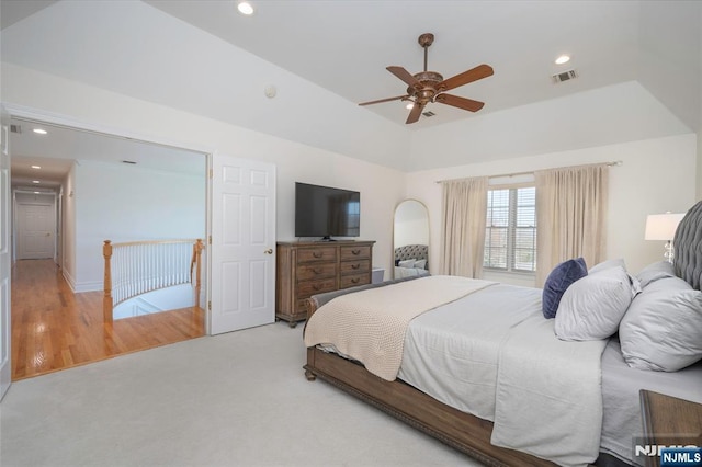 bedroom with visible vents, a ceiling fan, lofted ceiling, carpet, and recessed lighting