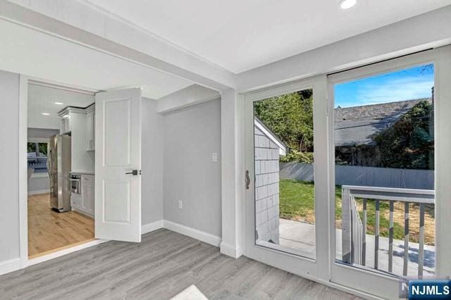 doorway to outside with a healthy amount of sunlight and light hardwood / wood-style floors