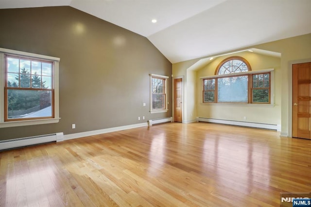 unfurnished room featuring light hardwood / wood-style flooring, a baseboard radiator, and plenty of natural light