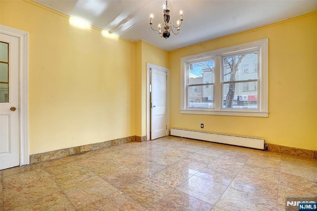 empty room featuring baseboard heating and an inviting chandelier