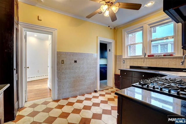 kitchen with sink, baseboard heating, tile walls, dark brown cabinets, and ornamental molding