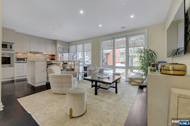 living room with dark hardwood / wood-style flooring