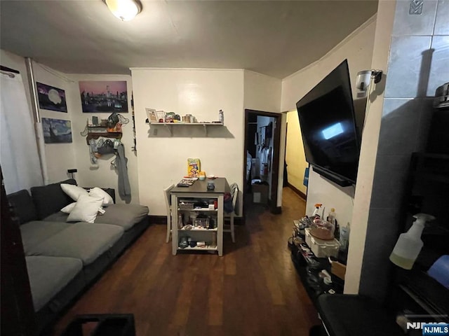 living room with dark hardwood / wood-style floors