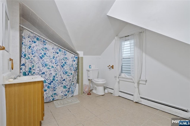 bathroom with curtained shower, toilet, vaulted ceiling, vanity, and tile patterned floors