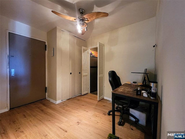 office featuring ceiling fan and light wood-type flooring