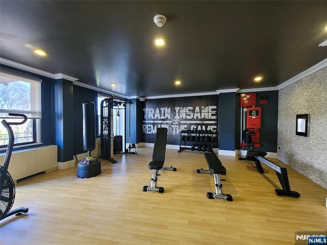 gym featuring wood-type flooring and ornamental molding