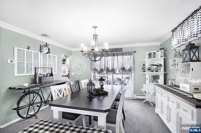 carpeted dining room featuring ornamental molding, an inviting chandelier, and baseboard heating