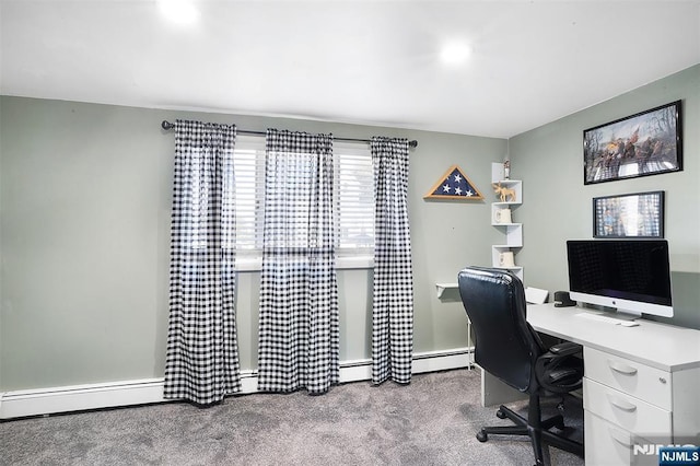 carpeted office featuring a baseboard heating unit