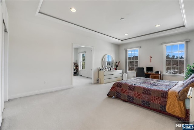 carpeted bedroom with a tray ceiling