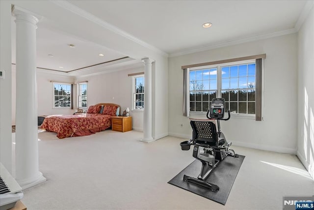 exercise area with crown molding, carpet floors, and decorative columns