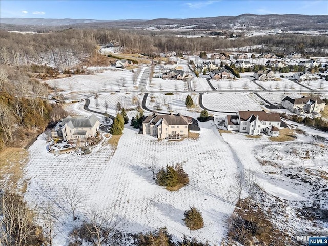 snowy aerial view with a mountain view