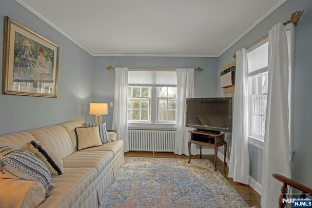 living room featuring crown molding, radiator, and hardwood / wood-style flooring