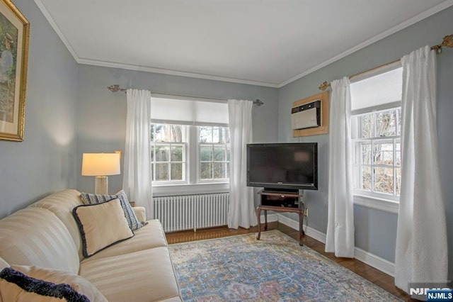 living room featuring hardwood / wood-style floors, crown molding, radiator heating unit, and a wall mounted air conditioner