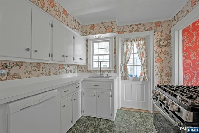 kitchen featuring white cabinetry, sink, gas stove, and dishwasher