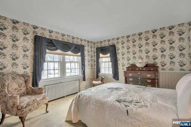 carpeted bedroom featuring radiator heating unit