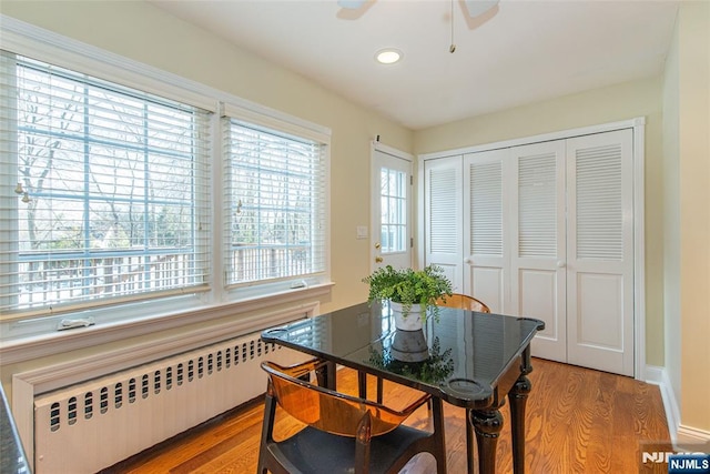 dining room with radiator and hardwood / wood-style floors