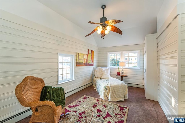 bedroom featuring lofted ceiling, multiple windows, and a baseboard heating unit