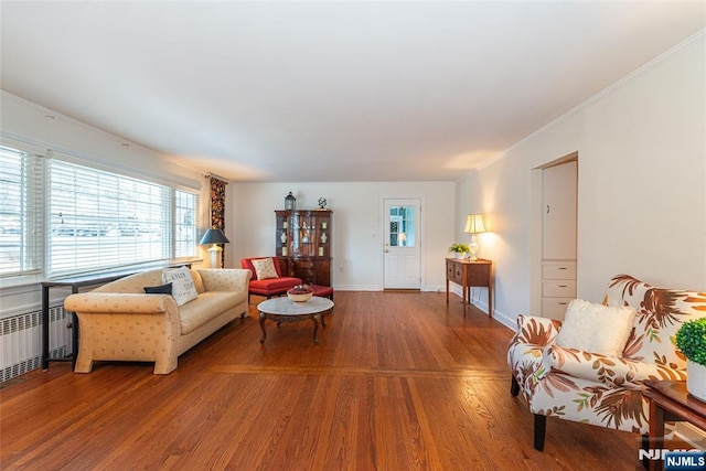 living room featuring radiator, crown molding, and wood-type flooring