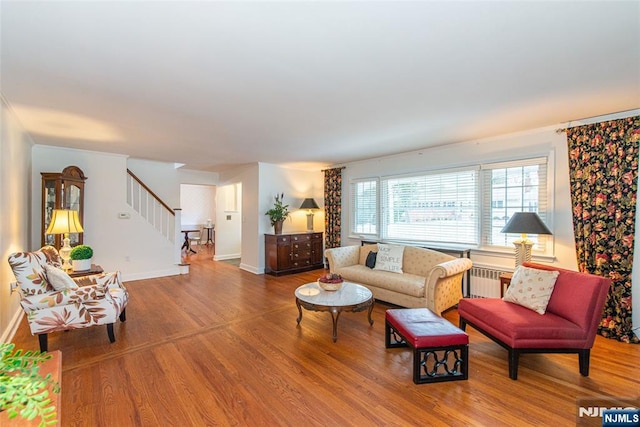 living room featuring wood-type flooring and radiator