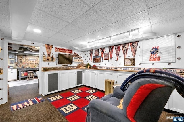 kitchen with a paneled ceiling, radiator heating unit, white cabinetry, rail lighting, and dark colored carpet