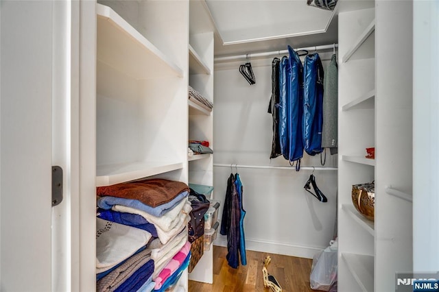 walk in closet with hardwood / wood-style flooring