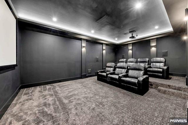 home theater room featuring dark carpet and a raised ceiling