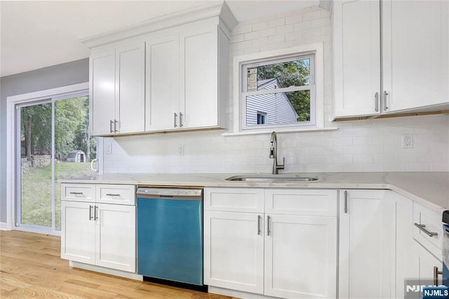 kitchen with sink, tasteful backsplash, light hardwood / wood-style flooring, dishwasher, and white cabinets