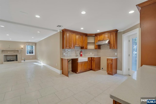 kitchen with sink, crown molding, and decorative backsplash