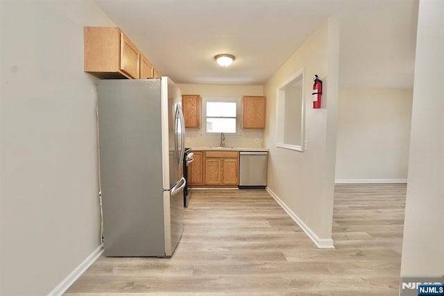 kitchen with sink, light hardwood / wood-style flooring, and stainless steel appliances