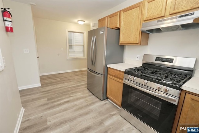 kitchen with appliances with stainless steel finishes and light hardwood / wood-style floors