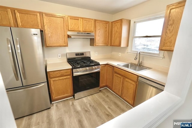 kitchen with sink, light hardwood / wood-style flooring, and appliances with stainless steel finishes