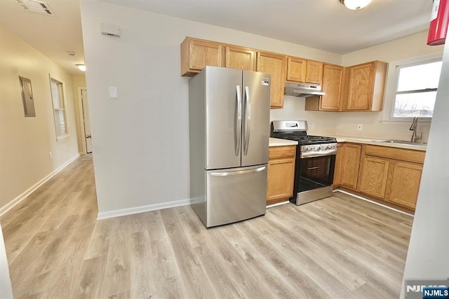 kitchen with stainless steel appliances, sink, and light hardwood / wood-style flooring