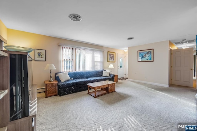 living room with a baseboard radiator and carpet flooring