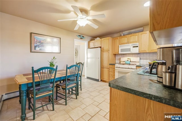 kitchen featuring backsplash, white appliances, ceiling fan, and light brown cabinets