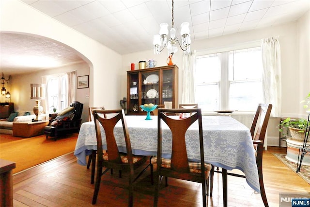 dining area with hardwood / wood-style flooring, a wealth of natural light, and a chandelier