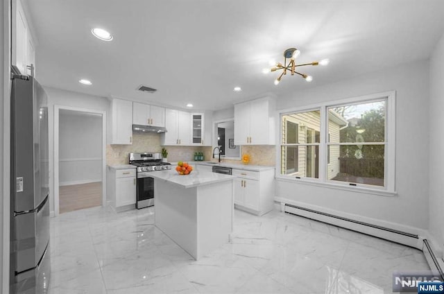 kitchen with stainless steel appliances, white cabinetry, a kitchen island, and baseboard heating