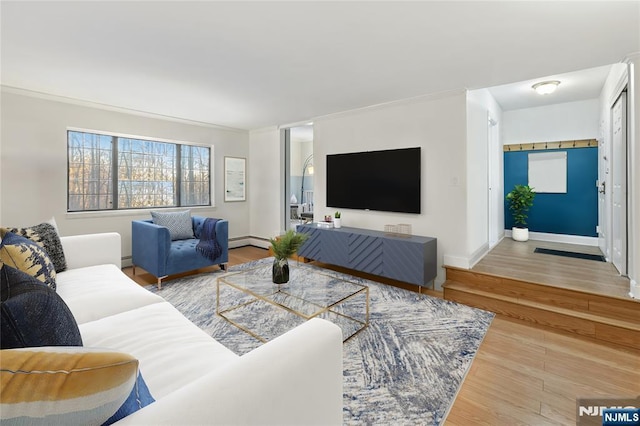 living room featuring hardwood / wood-style floors and baseboard heating