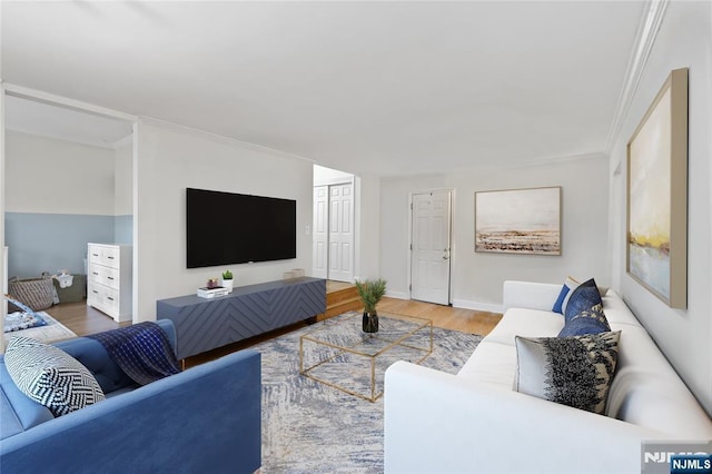 living room featuring hardwood / wood-style floors and ornamental molding