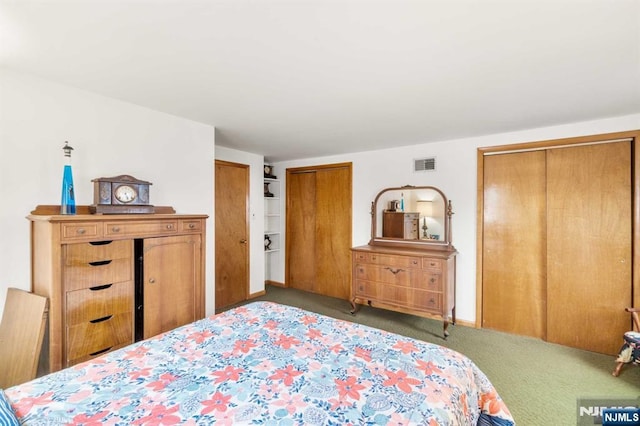 carpeted bedroom with two closets