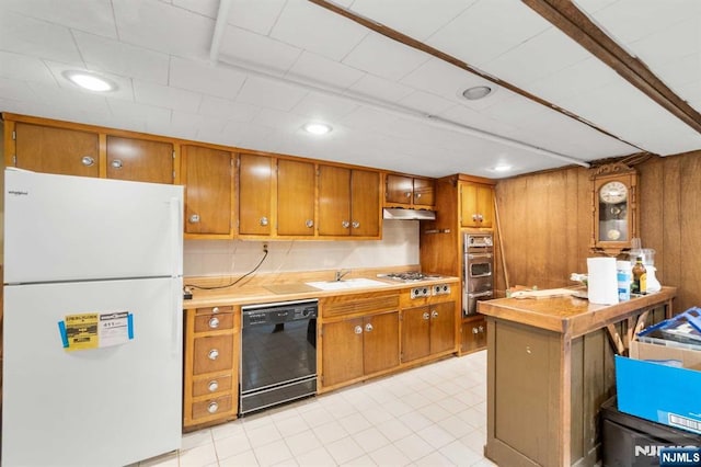 kitchen featuring sink, wooden walls, and stainless steel appliances