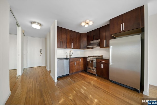 kitchen with under cabinet range hood, stainless steel appliances, a sink, light wood-style floors, and backsplash