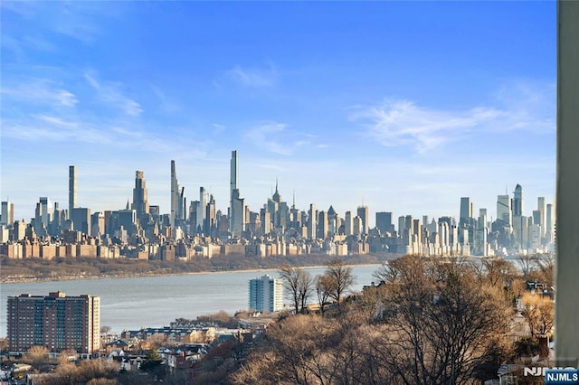 property's view of city featuring a water view