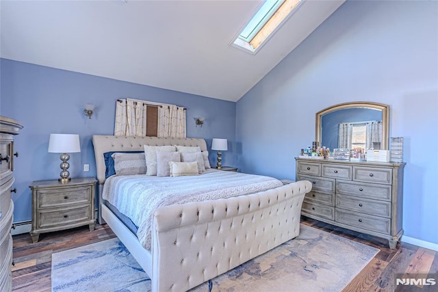 bedroom featuring high vaulted ceiling, a baseboard heating unit, dark hardwood / wood-style flooring, and a skylight