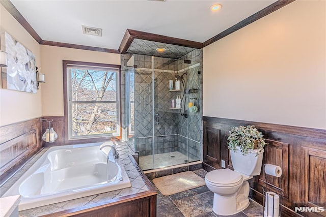 bathroom with independent shower and bath, ornamental molding, and toilet